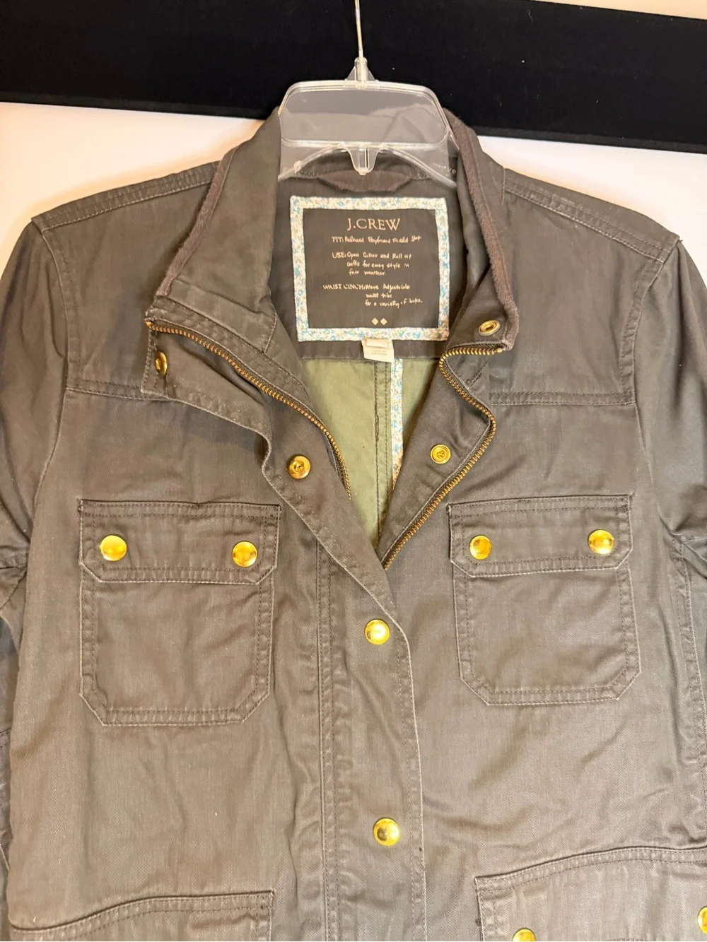 J Crew Downtown Field Jacket Moss Green Utility Coat Golf Hardware Size Large